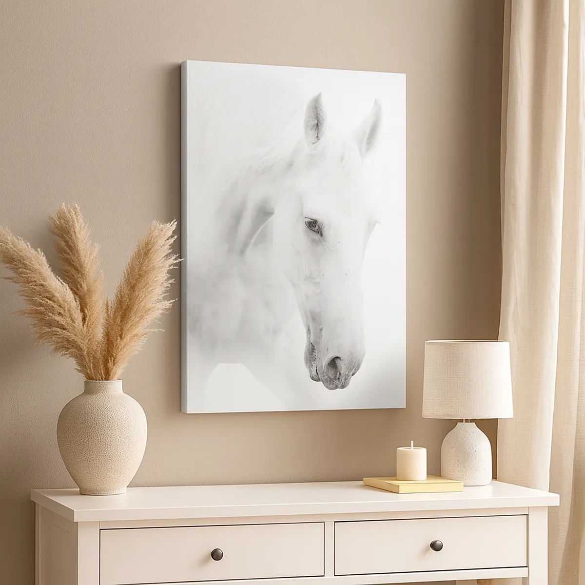 Obraz na płótnie - Delikatny portret białego konia na jasnym tle - 50x70cm - Czy to jest przyjaźń…? - Nowoczesna dekoracja ścienna do salonu, kuchni i sypialni ARTTOR