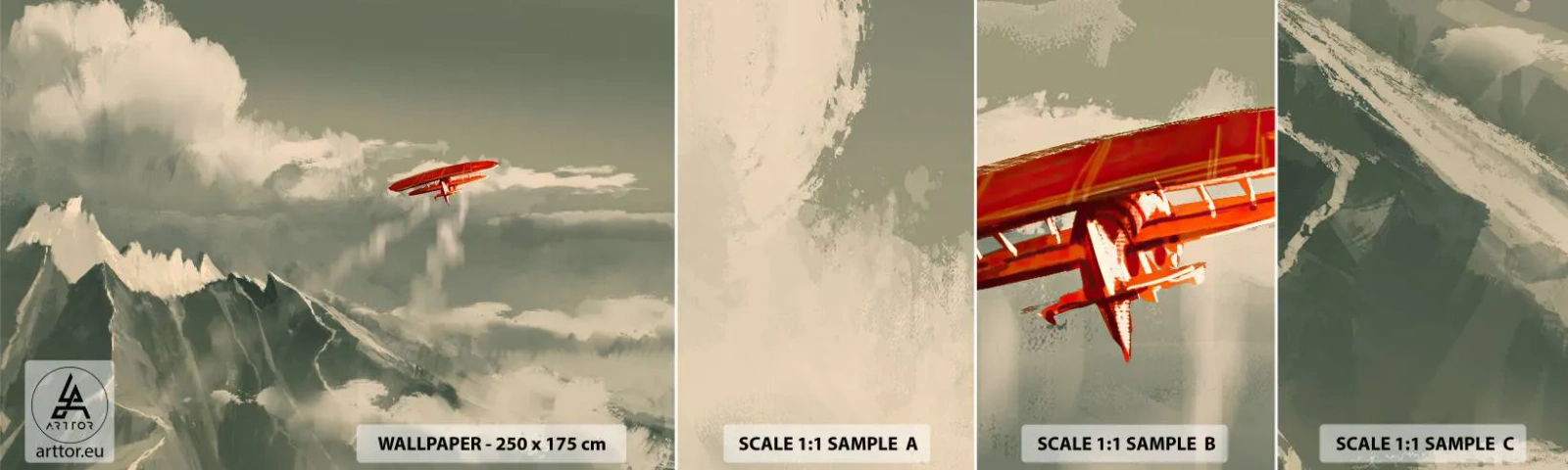 Fototapeta Próbka Samoprzylepna Deluxe Sticker - Nieustraszony pionier - Abstrakcja, Samolot, Krajobraz Górski - 100x30 cm