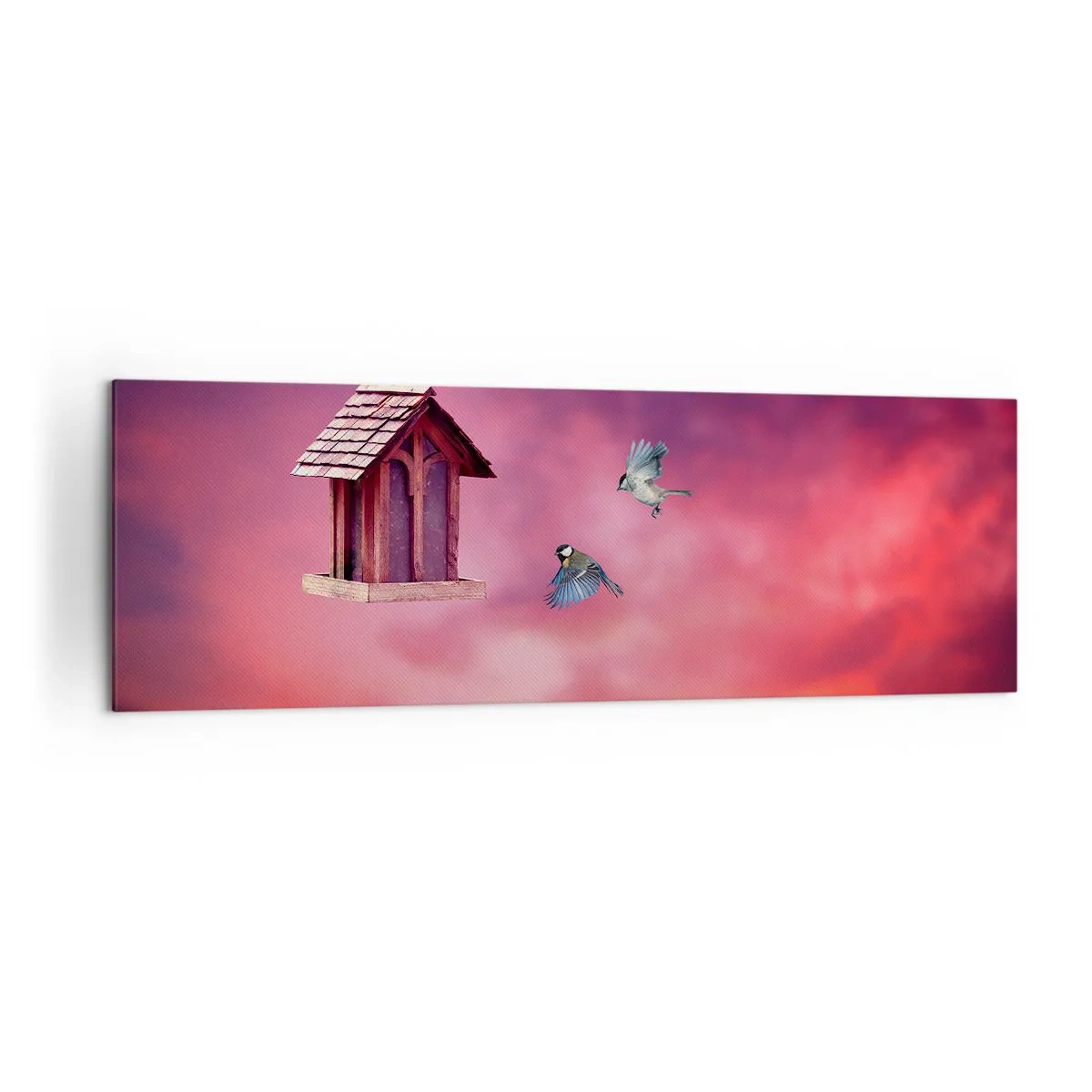 Obraz na płótnie - Malowniczy krajobraz z budką dla ptaków i zachodem słońca - 160x50cm - Zaproszenie na kolację - Nowoczesna dekoracja ścienna do salonu i sypialni ARTTOR