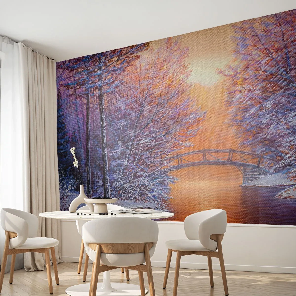 Fototapeta Premium Sand - Zimowy krajobraz z mostem o zachodzie słońca - 100x70cm - Spotkajmy się tu - Nowoczesna dekoracja ścienna do salonu, kuchni i sypialni ARTTOR