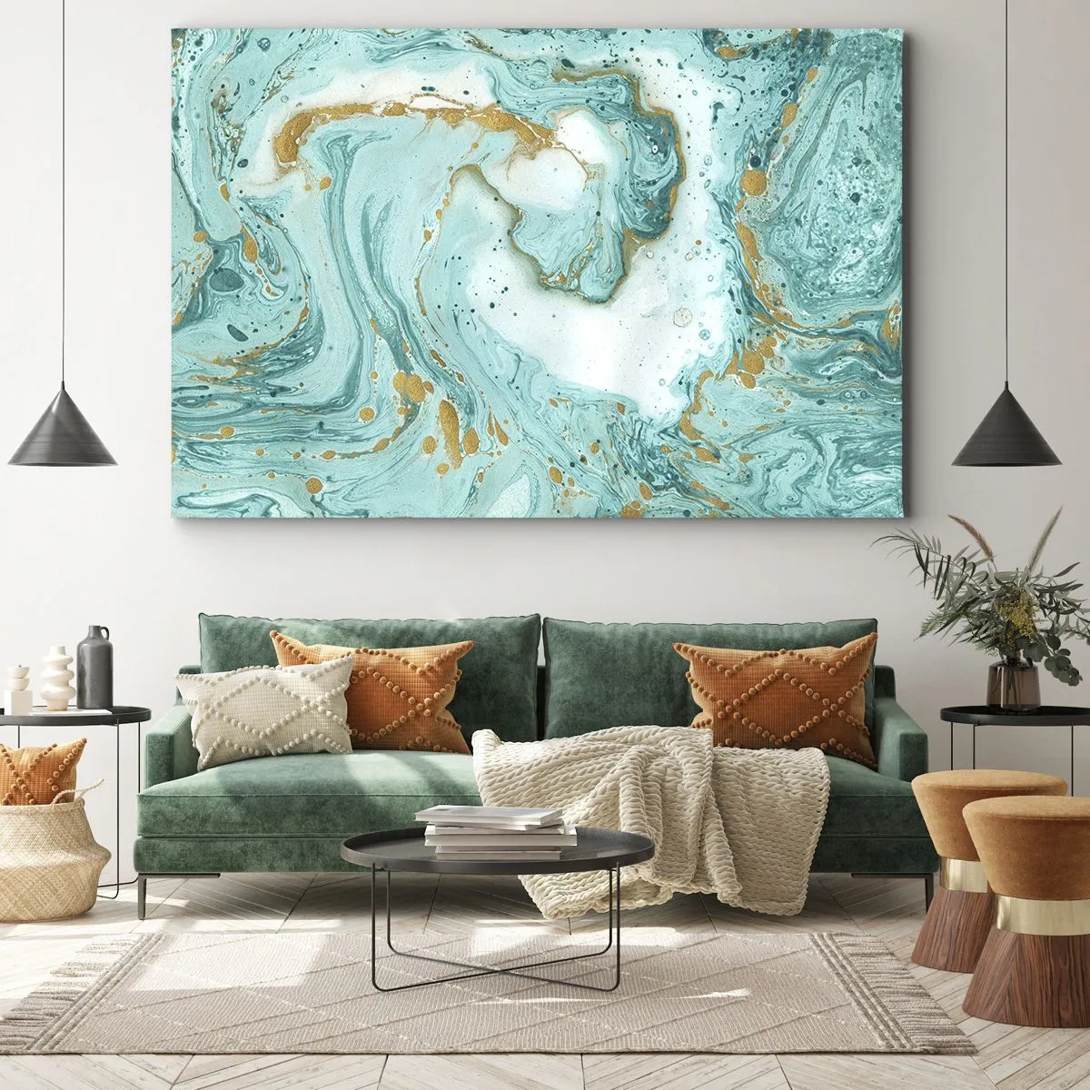 Obraz na płótnie - Turkusowy marmur z akcentami złota w abstrakcyjnej kompozycji - 70x50cm - Pod wielką falą z epoki Edo - Nowoczesna dekoracja ścienna do salonu i sypialni ARTTOR