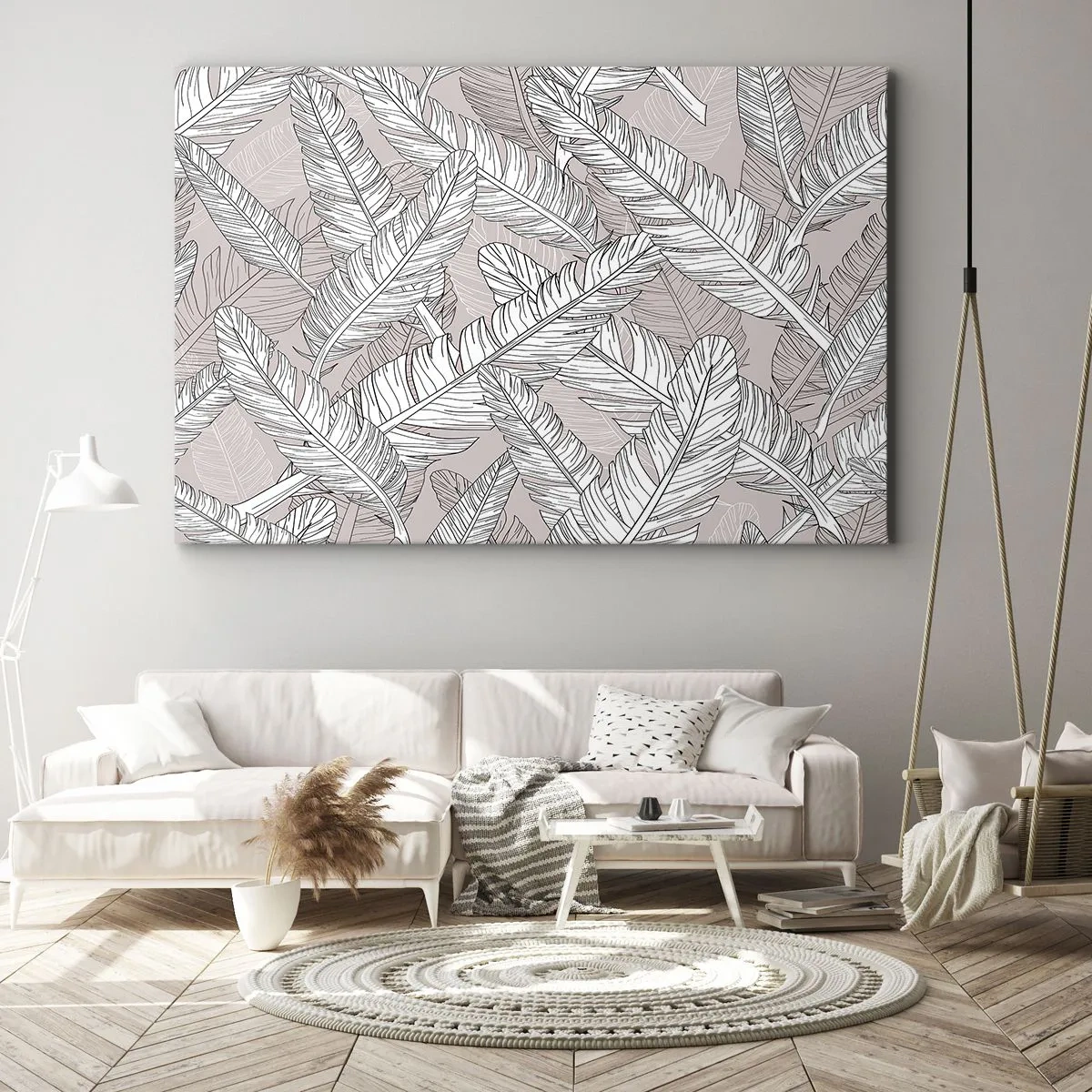 Obraz na płótnie - Czarno-biały wzór z liśćmi bananowca na jasnym tle - 100x70cm - Pierzasta zawierucha - Nowoczesna dekoracja ścienna do salonu, kuchni i sypialni ARTTOR