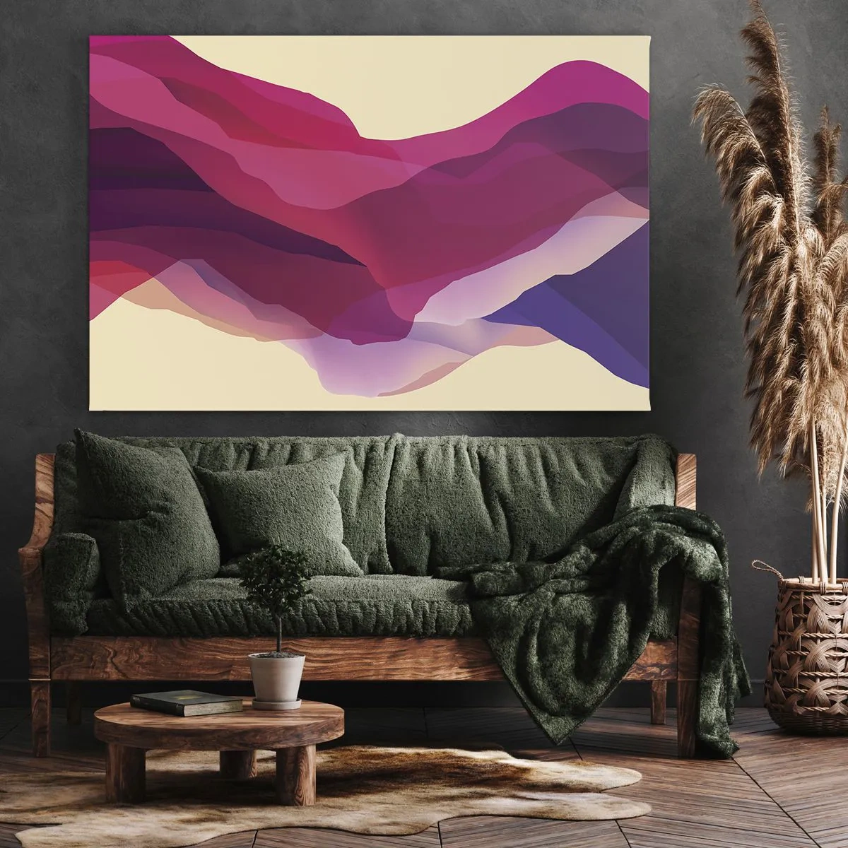 Obraz na płótnie - Abstrakcyjne fale w odcieniach purpury i różu na jasnym tle - 70x50cm - Fale purpury - Nowoczesna dekoracja ścienna do salonu i sypialni ARTTOR