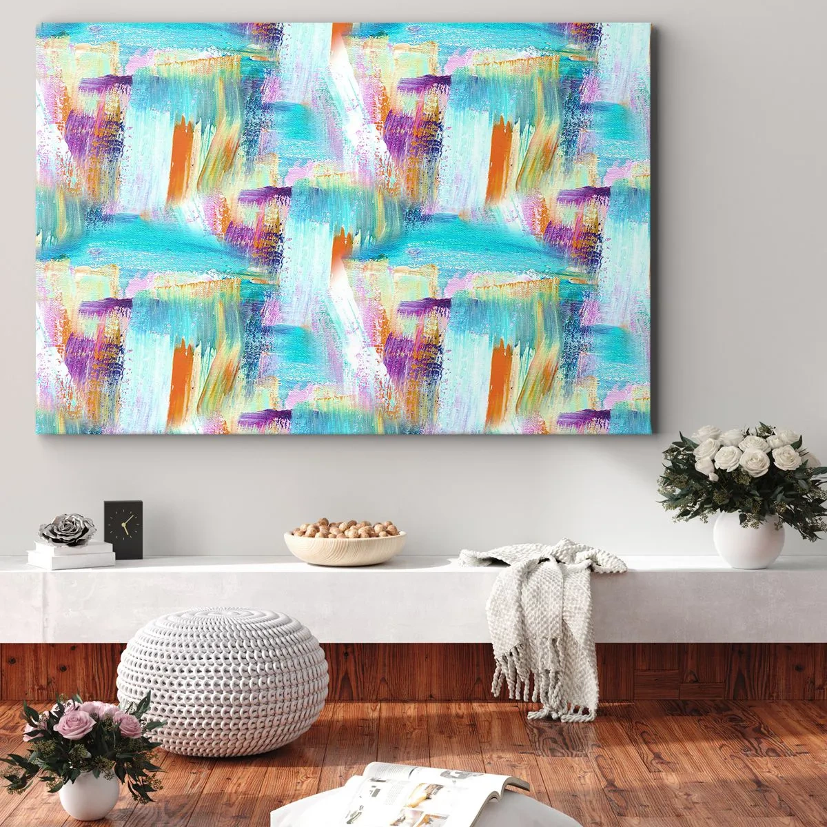 Obraz na płótnie - Kolorowa abstrakcja z dynamicznymi pociągnięciami pędzla - 100x70cm - Pogodny mazaniec-przekładaniec - Nowoczesna dekoracja ścienna do salonu, kuchni i sypialni ARTTOR