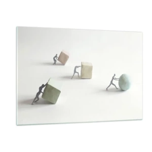 Obraz na szkle - Miniaturowe postacie toczą i pchają geometryczne bryły - 120x80cm - Samo życie - Nowoczesna dekoracja ścienna do salonu, kuchni i sypialni ARTTOR