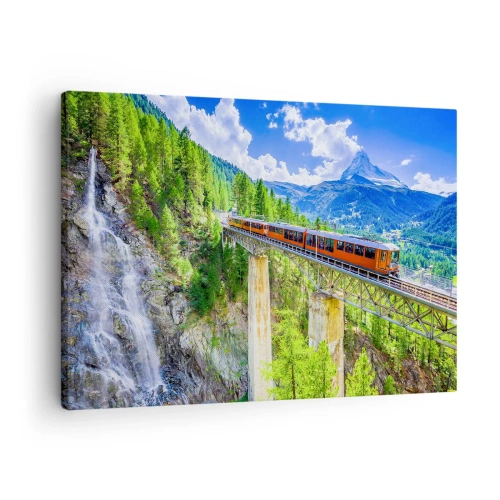 Obraz na płótnie - Górska kolejka na moście z widokiem na wodospad i góry - 70x50cm - Kolej na Alpy - Nowoczesna dekoracja ścienna do salonu i sypialni ARTTOR
