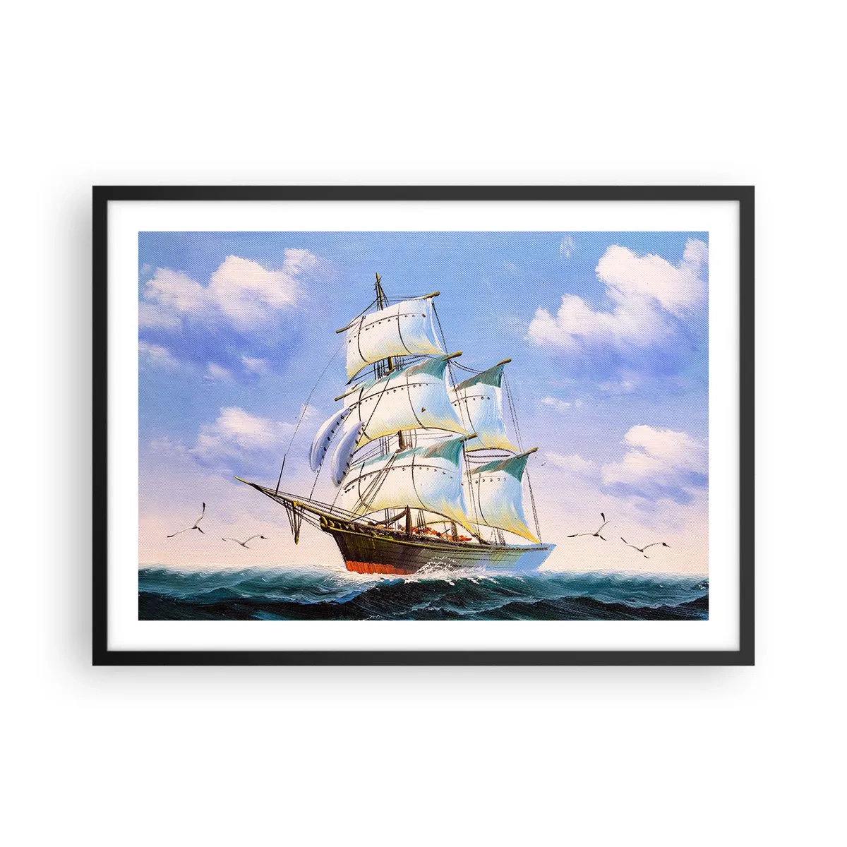 Plakat w czarnej ramie - Żaglowiec na otwartym morzu pod błękitnym niebem - 70x50cm - Dumnie z wiatrem - Nowoczesna dekoracja ścienna do salonu i sypialni ARTTOR