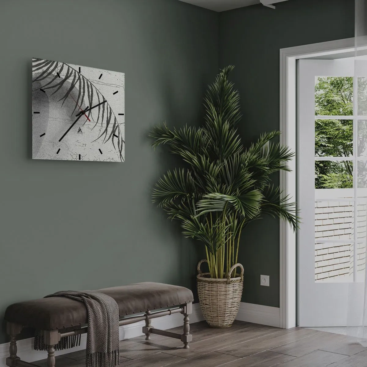 Zegar ścienny - Delikatny motyw liścia palmy na jasnym tle w stylu skandynawskim - 30x30cm - Subtelna egzotyka natury - Nowoczesna dekoracja ścienna do salonu i sypialni ARTTOR