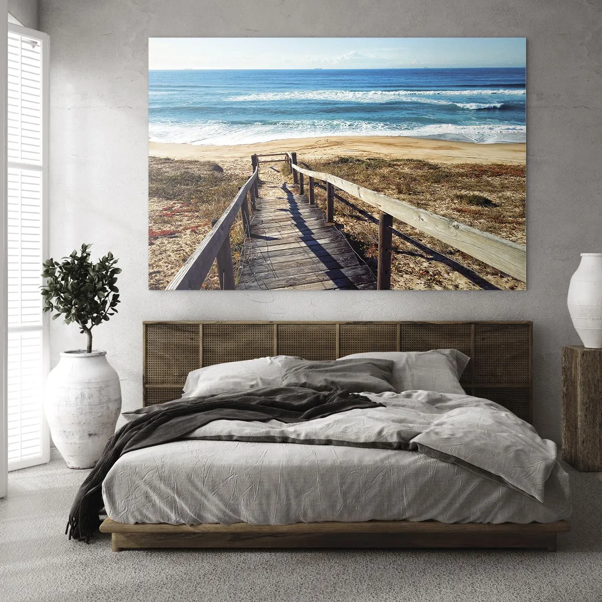 Obraz na szkle - Drewniana ścieżka prowadząca na plażę z widokiem na ocean - 70x50cm - Biegnij! - Nowoczesna dekoracja ścienna do salonu i sypialni ARTTOR