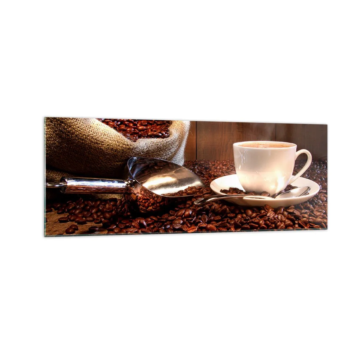 Obraz na szkle - Filiżanka kawy na tle ziaren kawowych i worka zbożowego - 140x50cm - Czujesz ten zapach? - Nowoczesna dekoracja ścienna do salonu i sypialni ARTTOR