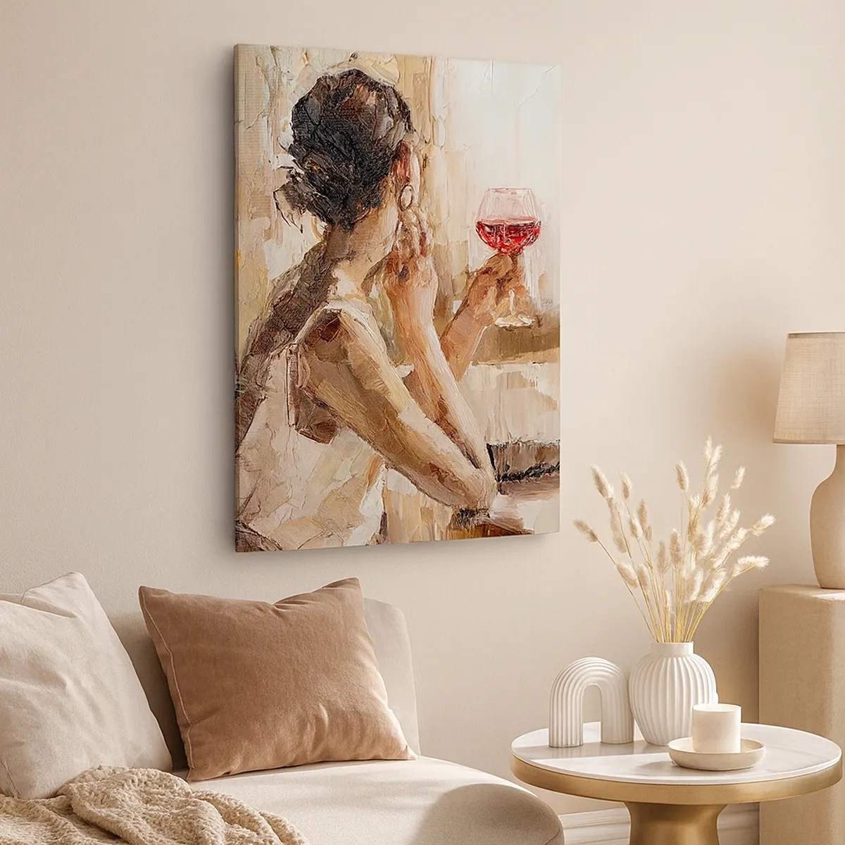 Obraz na płótnie - Kobieta trzymająca kieliszek czerwonego wina w impresjonistycznym stylu - 50x70cm - Smak dobrej chwili - Nowoczesna dekoracja ścienna do salonu, kuchni i sypialni ARTTOR