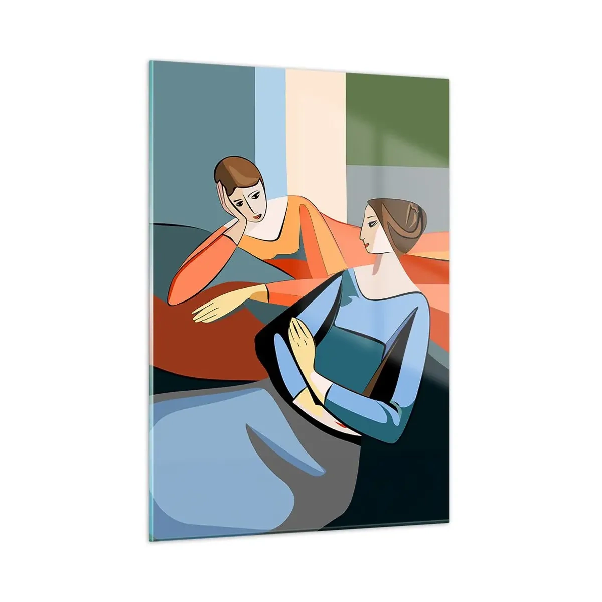 Obraz na szkle - Geometryczna scena rozmowy dwóch kobiet na tle wnętrza - 50x70cm - Chwila zwierzeń - Nowoczesna dekoracja ścienna do salonu, kuchni i sypialni ARTTOR