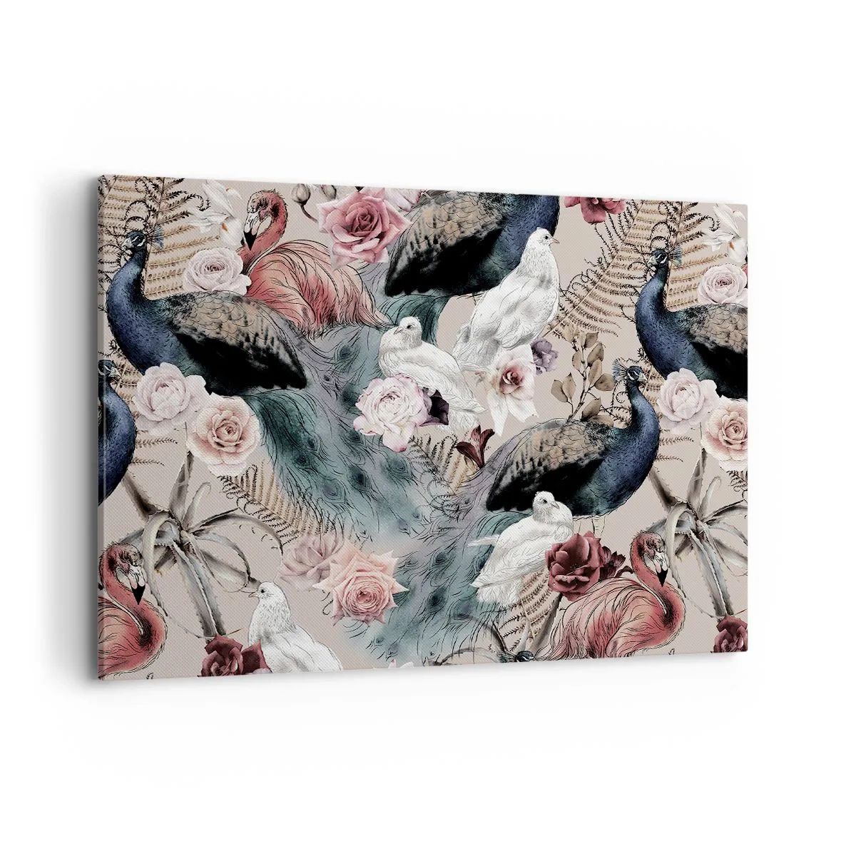 Obraz na płótnie - Pejzaż z pawimi piórami, różami i ptakami w romantycznym stylu - 100x70cm - W pałacowym ogrodzie - Nowoczesna dekoracja ścienna do salonu, kuchni i sypialni ARTTOR