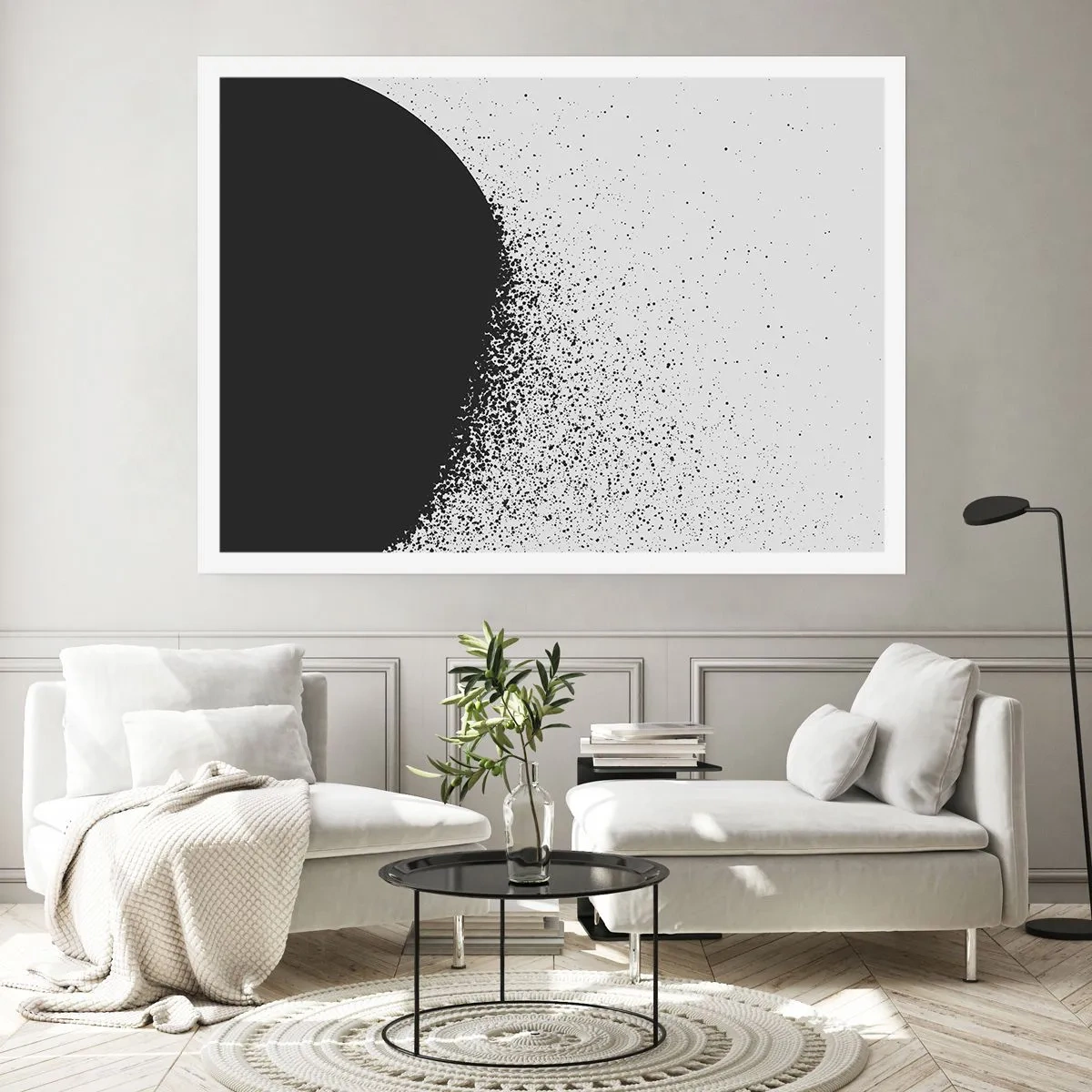 Plakat - Abstrakcyjny wzór z czarnymi cząstkami na jasnym tle - 100x70cm - Ruch cząsteczek - Nowoczesna dekoracja ścienna do salonu i sypialni ARTTOR