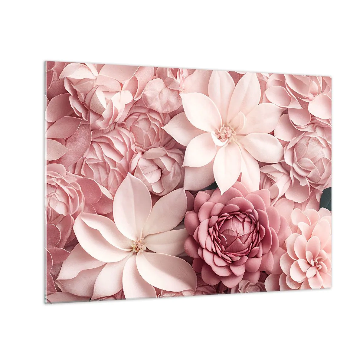 Obraz na szkle - Delikatne różowe kwiaty w kompozycji pełnej płatków - 70x50cm - W różowych płatkach - Nowoczesna dekoracja ścienna do salonu i sypialni ARTTOR