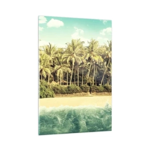 Obraz na szkle - Tropikalna plaża z palmami i turkusowym morzem - 80x120cm - A może tutaj? - Nowoczesna dekoracja ścienna do salonu i sypialni ARTTOR