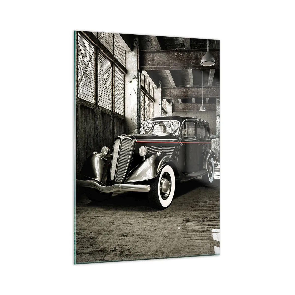 Obraz na szkle - Zabytkowy samochód w stylowym garażu - 50x70cm - Nieprzemijająca elegancja lat 30. - Nowoczesna dekoracja ścienna do salonu, kuchni i sypialni ARTTOR