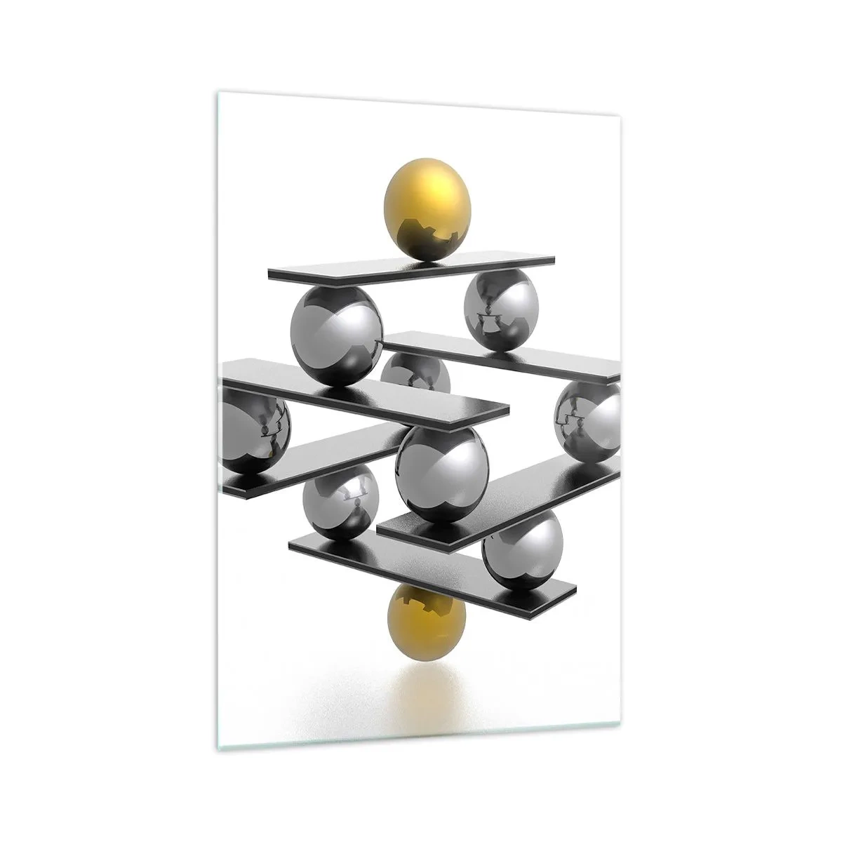Obraz na szkle - Geometryczna kompozycja z metalowymi kulami i złotym akcentem - 70x100cm - Złoto-srebrna równowaga - Nowoczesna dekoracja ścienna do salonu i sypialni ARTTOR