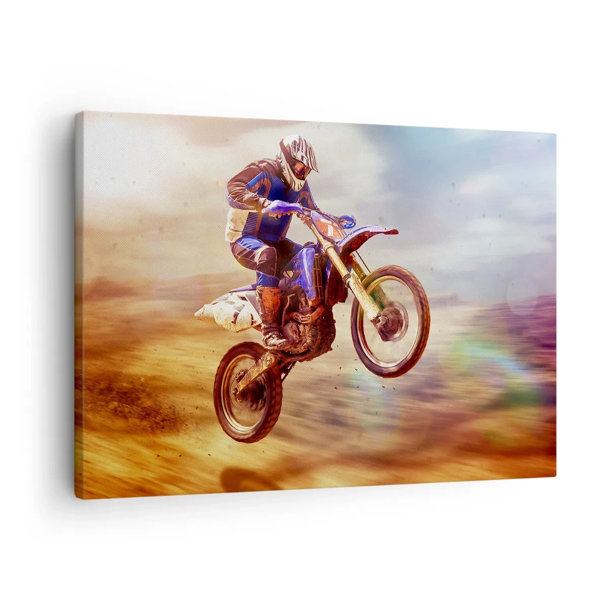 Obraz na płótnie - Motocyklista w locie podczas dynamicznej jazdy w terenie - 70x50cm - Motocyklowy zawrót głowy - Nowoczesna dekoracja ścienna do salonu i sypialni ARTTOR