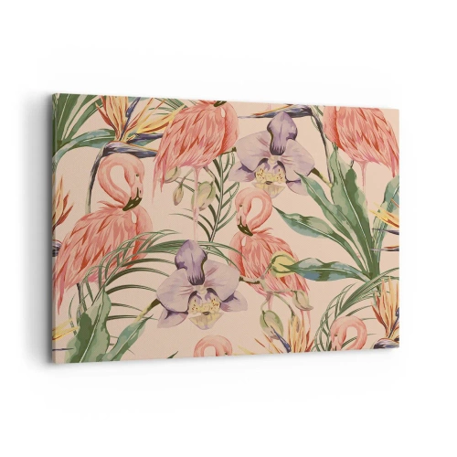 Obraz na płótnie - Flamingi i tropikalne kwiaty na jasnym tle - 100x70cm - Różowy balet w kwiatach - Nowoczesna dekoracja ścienna do salonu, kuchni i sypialni ARTTOR