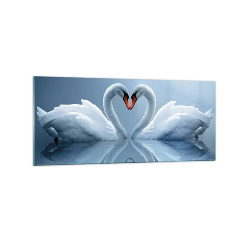 Obraz na szkle - Dwa łabędzie tworzące serce na spokojnej tafli wody - 120x50cm - Czas na miłość - Nowoczesna dekoracja ścienna do salonu i sypialni ARTTOR