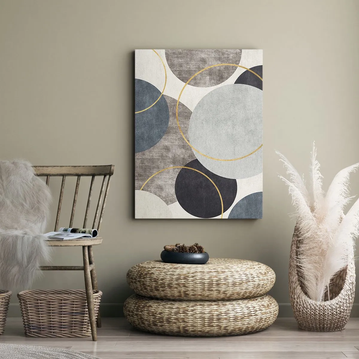 Obraz na płótnie - Geometryczna kompozycja z okręgami w odcieniach szarości, niebieskiego i złota - 50x70cm - Koło za kołem - Nowoczesna dekoracja ścienna do salonu, kuchni i sypialni ARTTOR