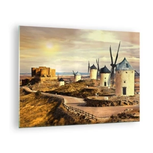 Obraz na szkle - Wiatraki i zamek w krajobrazie o zachodzie słońca - 70x50cm - Zaraz pojawi się Don Kichot - Nowoczesna dekoracja ścienna do salonu i sypialni ARTTOR