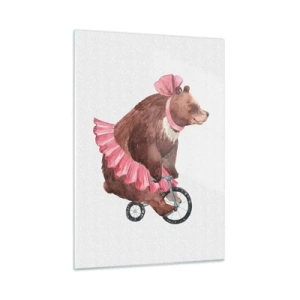 Obraz na szkle - Niedźwiedź w różowej spódniczce na monocyklu - 50x70cm - Ale cyrk! - Nowoczesna dekoracja ścienna do salonu, kuchni i sypialni ARTTOR