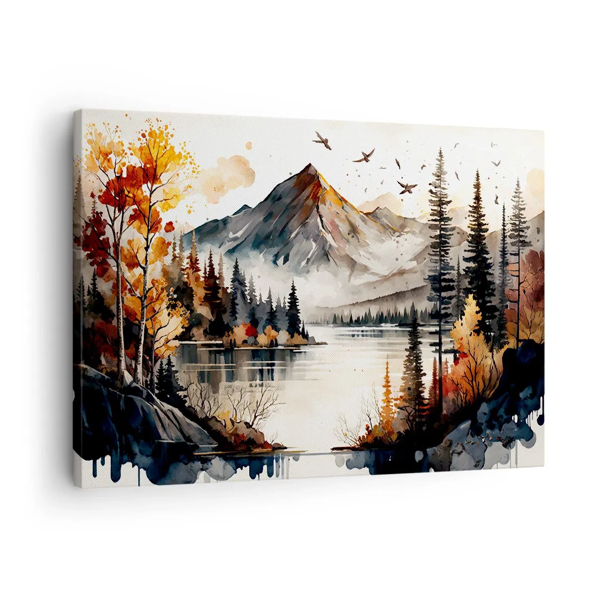 Obraz na płótnie - Jesienny krajobraz górski z jeziorem i drzewami akwarelą - 70x50cm - Złota jesień w górach - Nowoczesna dekoracja ścienna do salonu i sypialni ARTTOR
