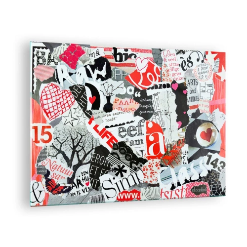 Obraz na szkle - Kolaż z liter, serc i drzew w stylu artystycznym - 70x50cm - Hipsterski kolaż - Nowoczesna dekoracja ścienna do salonu i sypialni ARTTOR