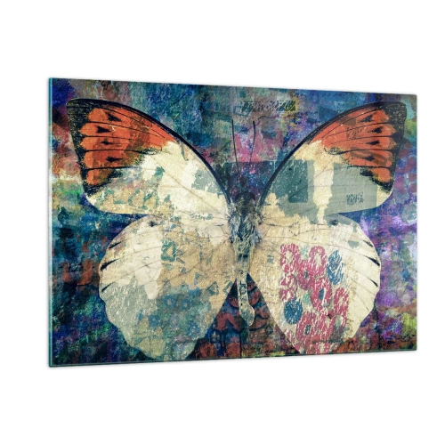 Obraz na szkle - Kolorowy motyl na abstrakcyjnym tle w odcieniach niebieskiego i pomarańczowego - 120x80cm - Subtelna kruchość - Nowoczesna dekoracja ścienna do salonu, kuchni i sypialni ARTTOR