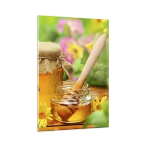 Obraz na szkle - Słoiki miodu z kwiatami na tle letniego ogrodu - 80x120cm - Słodko i kwiatowo - Nowoczesna dekoracja ścienna do salonu i sypialni ARTTOR