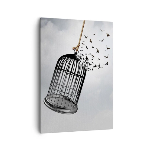 Obraz na płótnie - Otwarcia klatki z uciekającymi ptakami - 50x70cm - Wiara...Nadzieja...Wolność! - Nowoczesna dekoracja ścienna do salonu, kuchni i sypialni ARTTOR
