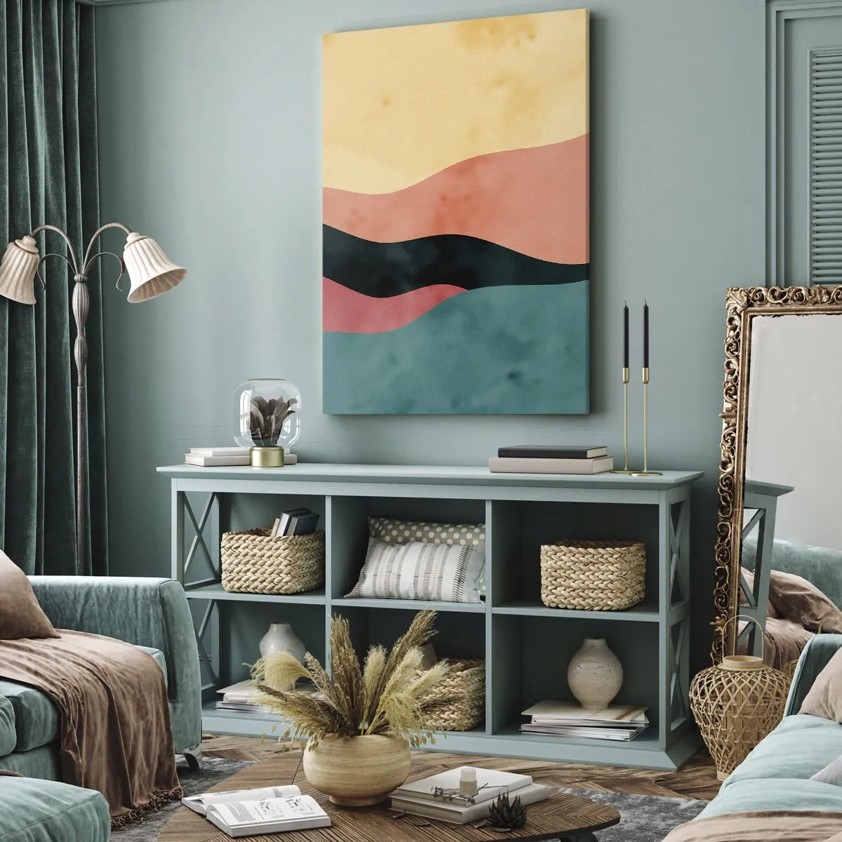 Obraz na płótnie - Abstrakcyjna kompozycja falistych pasów w pastelowych kolorach - 50x70cm - Zgodna niezgodność - Nowoczesna dekoracja ścienna do salonu, kuchni i sypialni ARTTOR