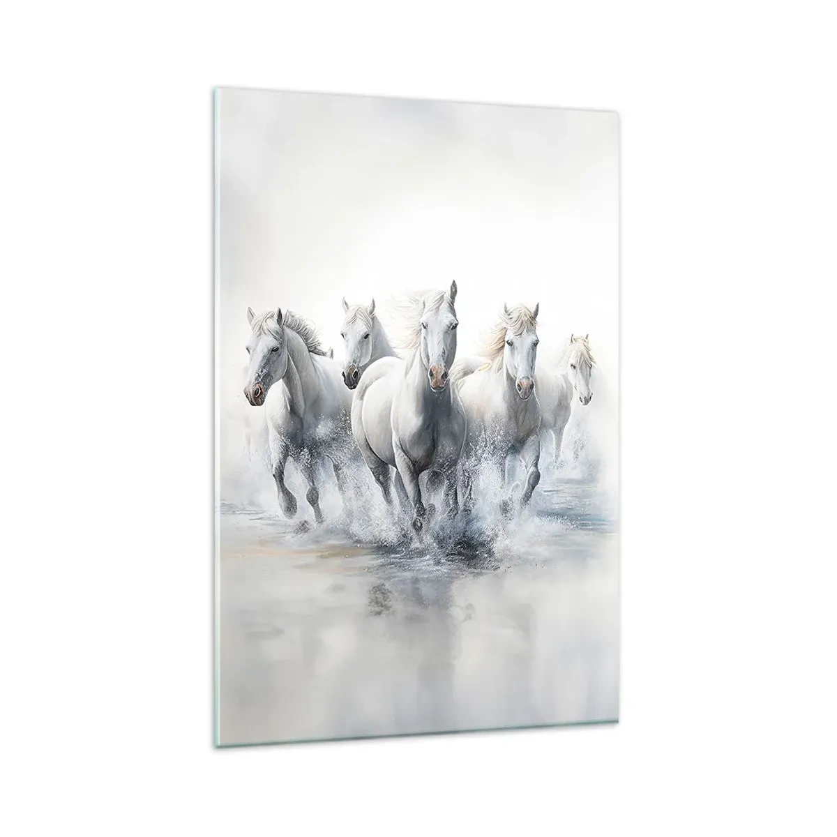 Obraz na szkle - Białe konie galopujące przez wodę - 80x120cm - Biała magia - Nowoczesna dekoracja ścienna do salonu i sypialni ARTTOR