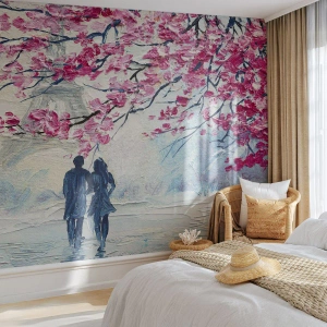 Fototapeta Premium Canvas - Para pod kwitnącymi różowymi drzewami w romantycznej scenerii - 100x70cm - Romantyczny spacer - Nowoczesna dekoracja ścienna do salonu i sypialni ARTTOR