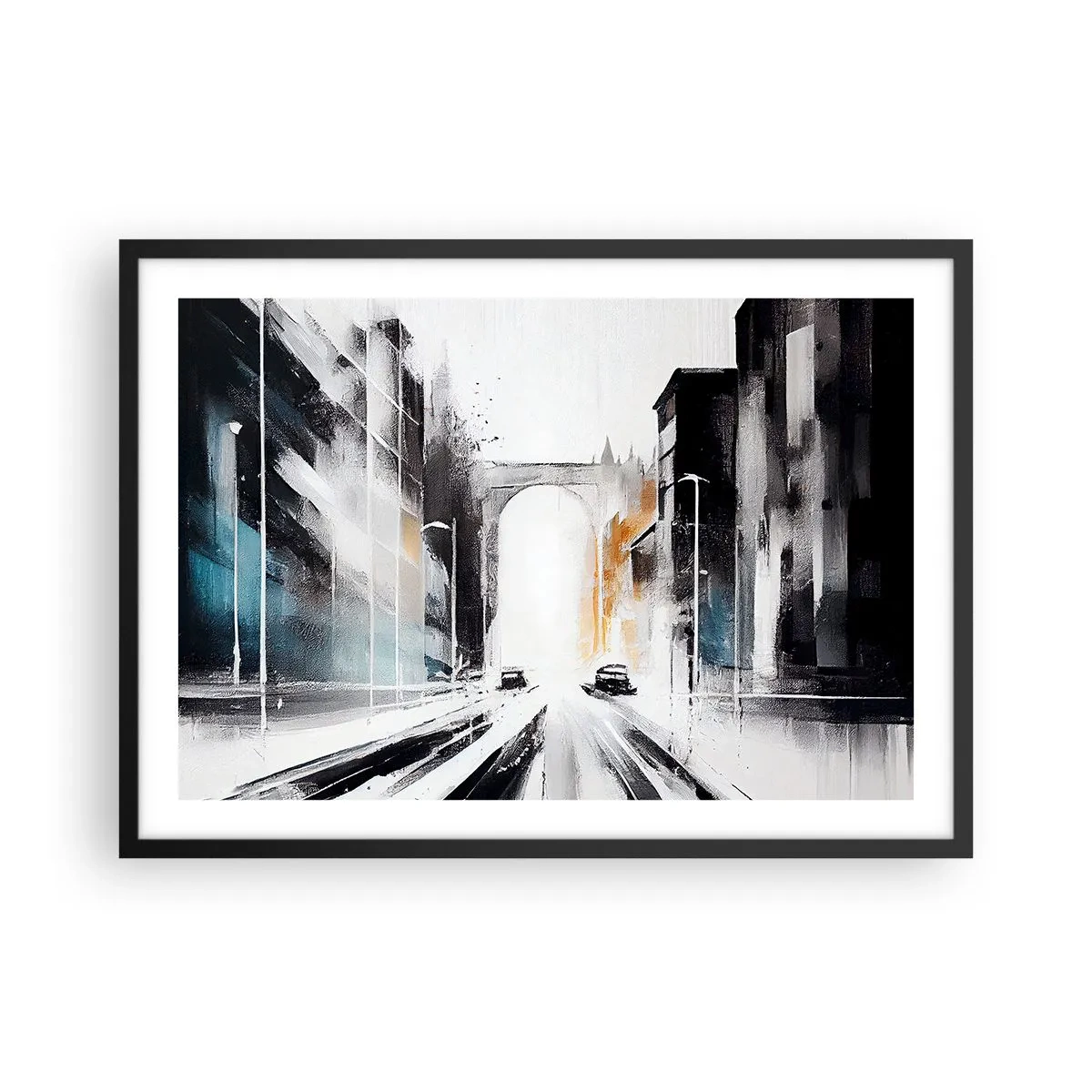 Plakat w czarnej ramie - Abstrakcyjna panorama miasta z łukowym mostem - 70x50cm - Studium miasta: architektura i ruch - Nowoczesna dekoracja ścienna do salonu i sypialni ARTTOR
