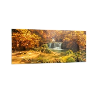 Obraz na szkle - Leśna kaskada w złocie - 100x40 cm