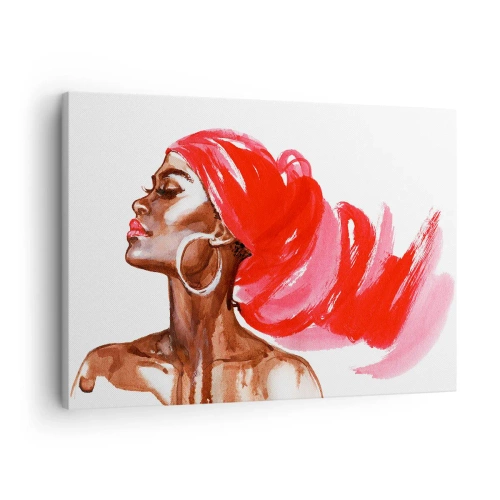Obraz na płótnie - Profil kobiety z czerwonym turbanem i kolczykami - 70x50cm - "Jest wiatr, co nozdrza mężczyzny rozchyla" - Nowoczesna dekoracja ścienna do salonu i sypialni ARTTOR