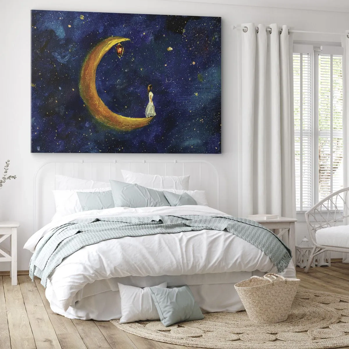 Obraz na płótnie - Dziewczyna stojąca na księżycu w rozgwieżdżonym niebie - 70x50cm - Wołanie świata - Nowoczesna dekoracja ścienna do salonu i sypialni ARTTOR
