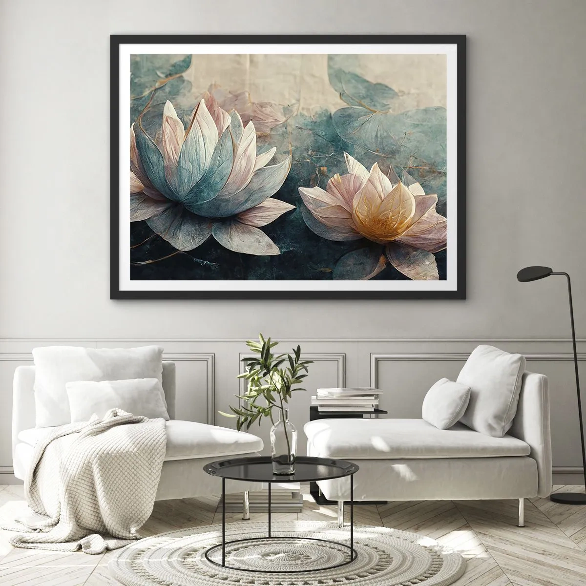 Plakat w czarnej ramie - Subtelne lilie wodne w pastelowych odcieniach błękitu i złota - 70x50cm - Gwiazdy jeziora - Nowoczesna dekoracja ścienna do salonu i sypialni ARTTOR