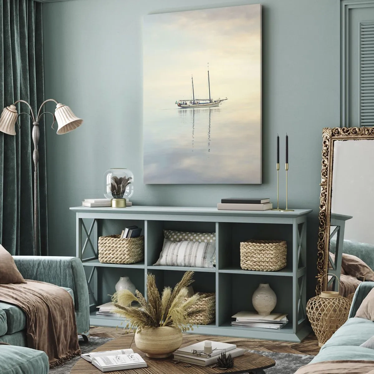 Obraz na płótnie - Żaglówka na spokojnej tafli wody w pastelowej tonacji - 50x70cm - W morzu ciszy - Nowoczesna dekoracja ścienna do salonu, kuchni i sypialni ARTTOR