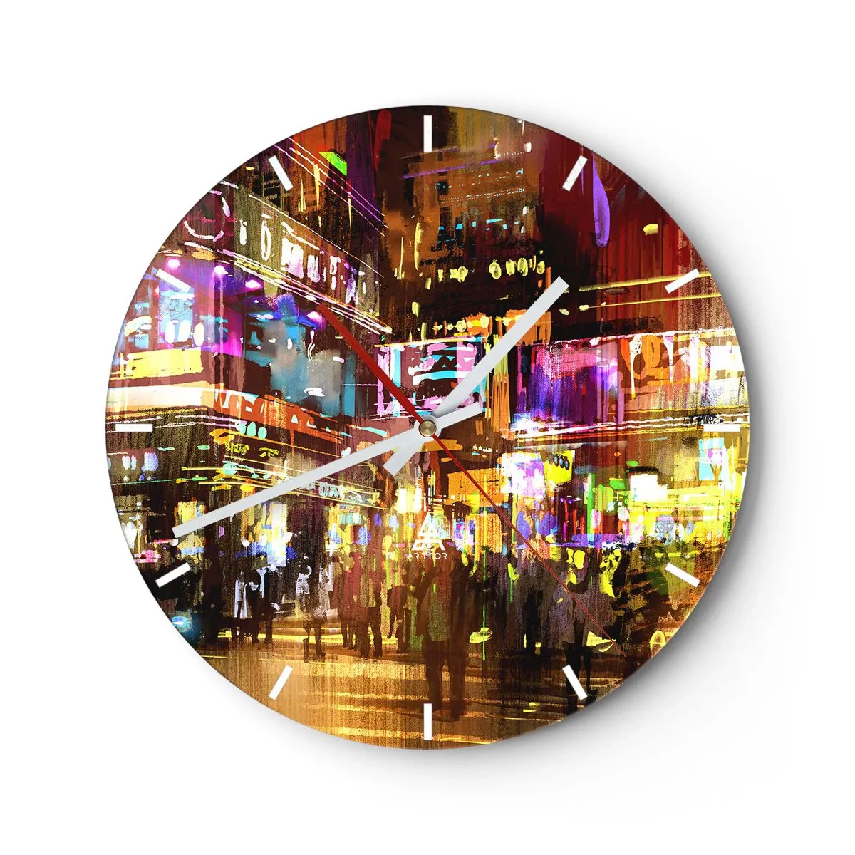 Zegar ścienny - Pejzaż nocnego miasta pełnego neonowych świateł - 30x30cm - W morzu światła - Nowoczesna dekoracja ścienna do salonu, kuchni i sypialni ARTTOR