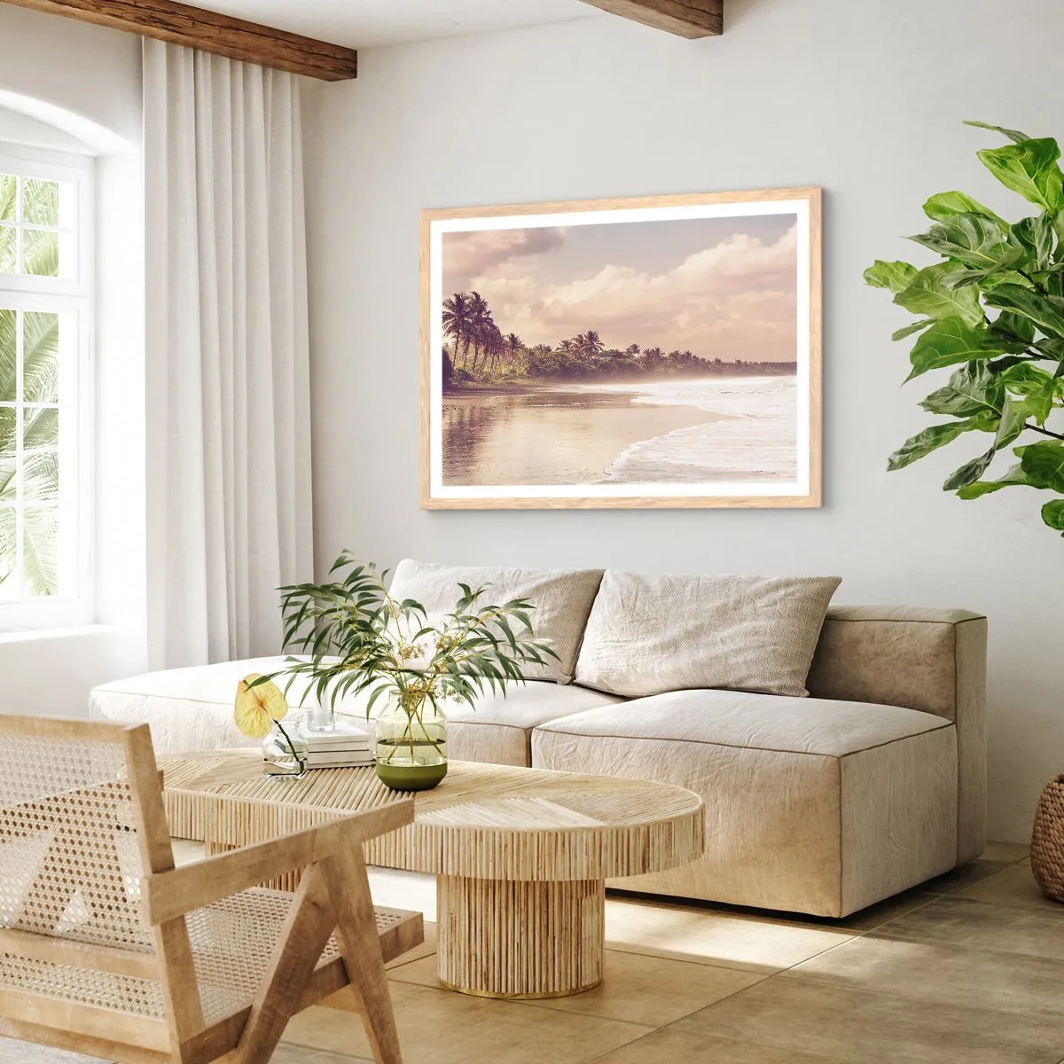 Plakat w ramie jasny dąb - Pieszczota fal - 100x70 cm