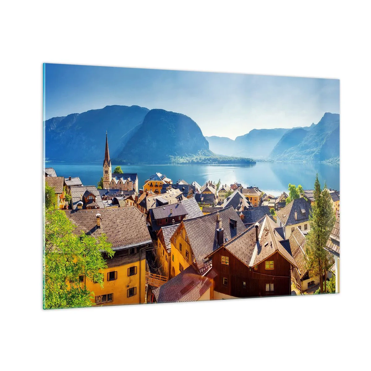 Obraz na szkle - Malownicze miasteczko nad jeziorem w otoczeniu gór - 100x70cm - Bardziej malowniczo się nie da - Nowoczesna dekoracja ścienna do salonu, kuchni i sypialni ARTTOR