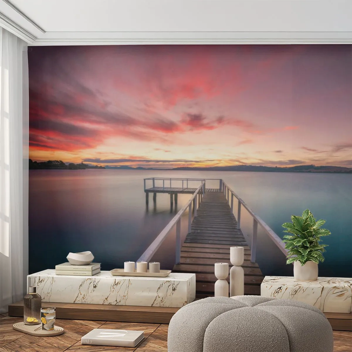 Fototapeta Premium Sand - Drewniane molo prowadzące w stronę zachodu słońca - 100x70cm - Łagodny płomień wieczoru - Nowoczesna dekoracja ścienna do salonu, kuchni i sypialni ARTTOR
