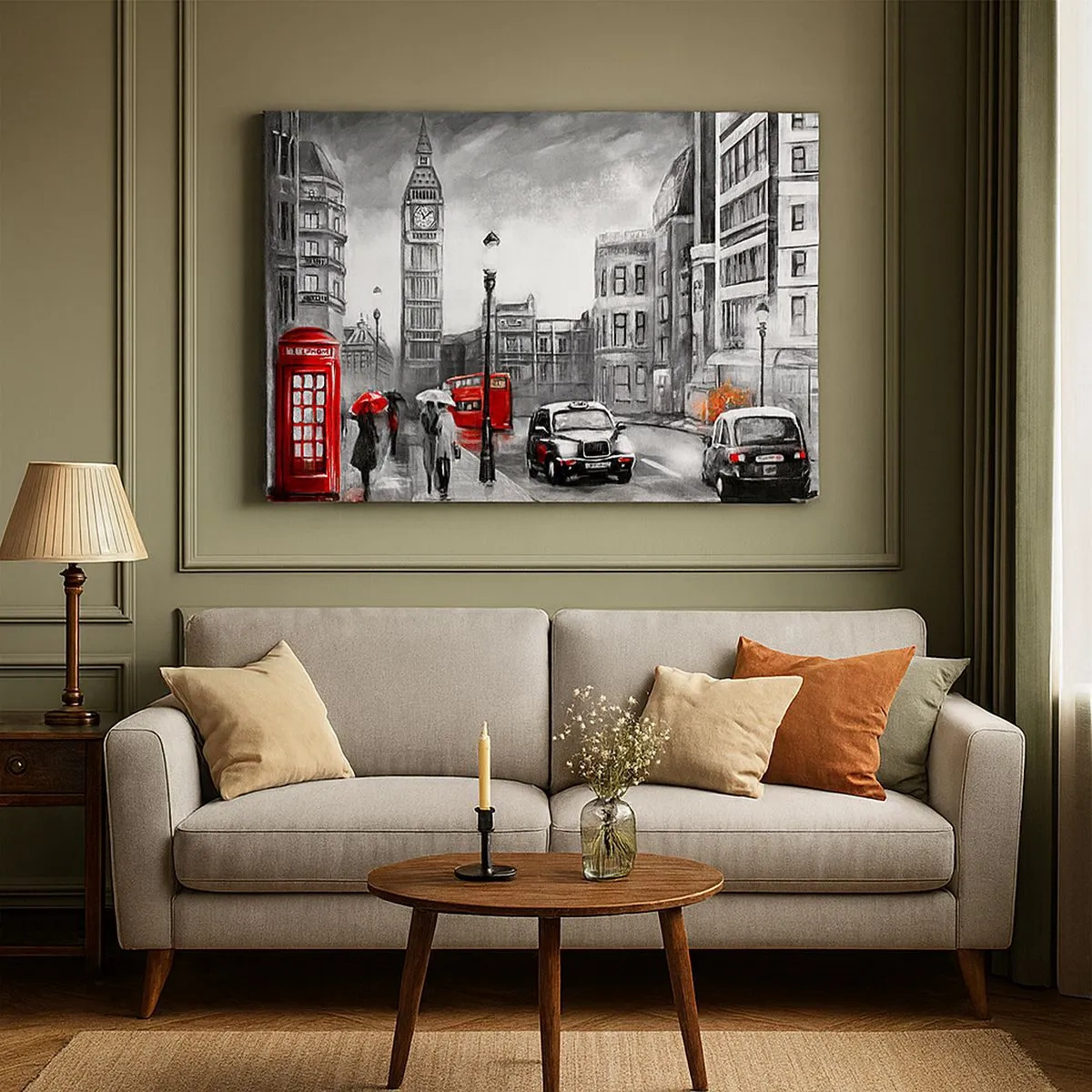 Obraz na płótnie - Scena z Londynu w czarno-białym stylu z czerwonymi akcentami - 70x50cm - Wcale nie szare miasto - Nowoczesna dekoracja ścienna do salonu i sypialni ARTTOR