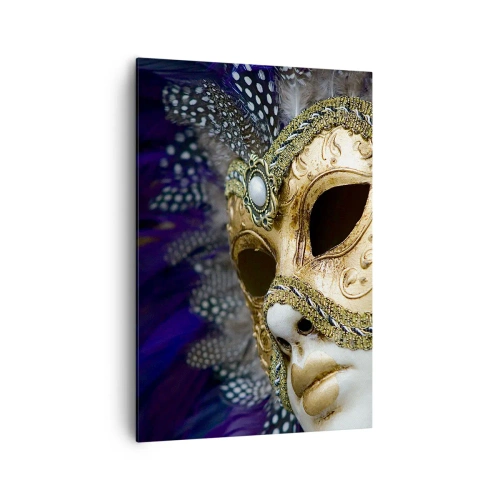 Obraz na płótnie - Złota maska wenecka z ozdobnymi piórami i ornamentami - 70x100cm - Portret wenecki w złocie - Nowoczesna dekoracja ścienna do salonu i sypialni ARTTOR