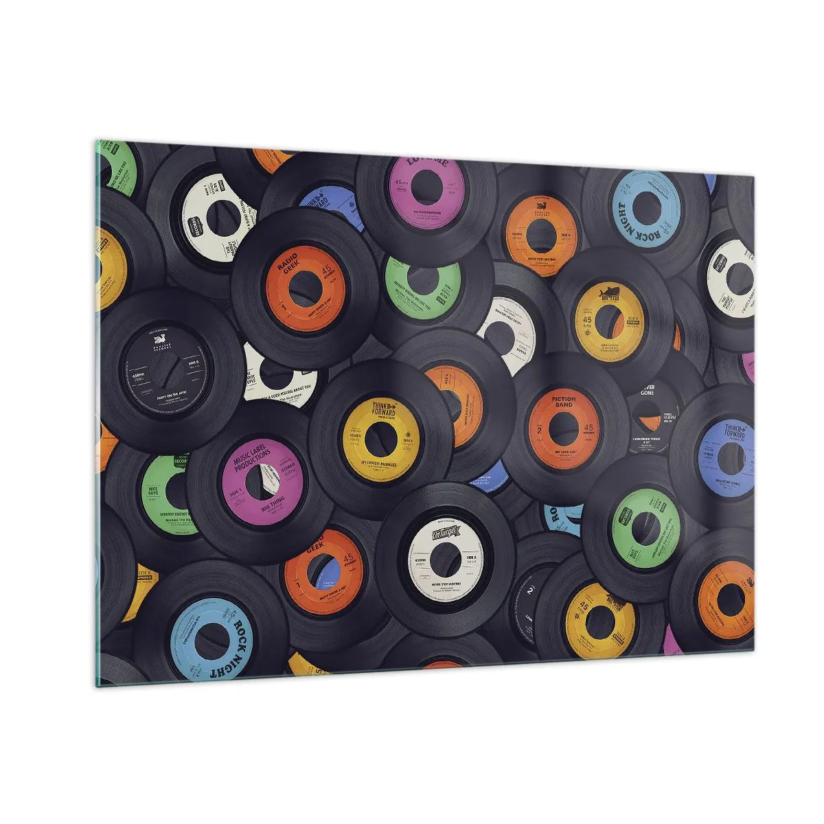 Obraz na szkle - Kolorowe płyty winylowe na czarnym tle - 100x70cm - Kolory klasyki - Nowoczesna dekoracja ścienna do salonu, kuchni i sypialni ARTTOR