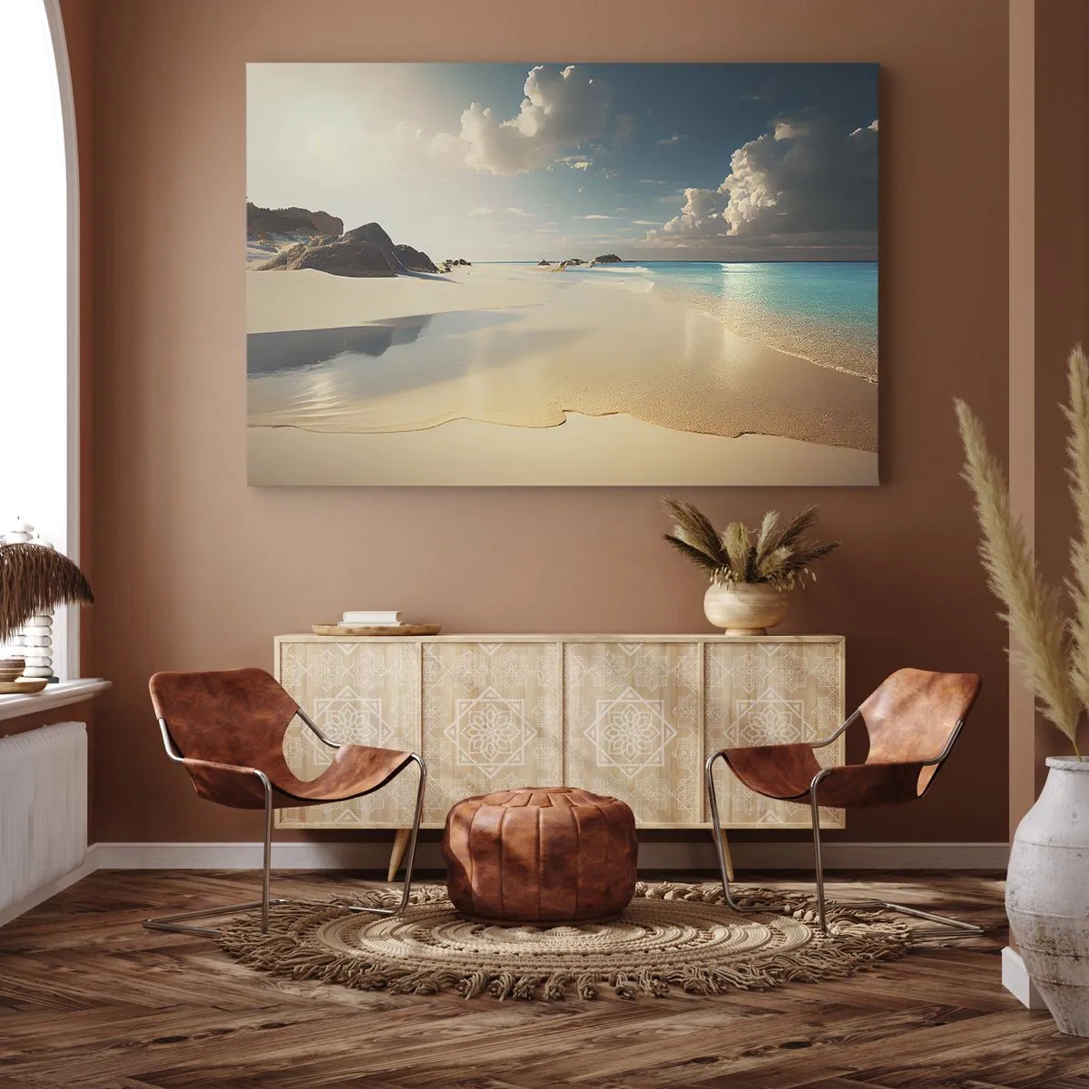 Obraz na płótnie - Słoneczna plaża z błękitnym morzem i skałami - 70x50cm - Wymarzony dzień - Nowoczesna dekoracja ścienna do salonu i sypialni ARTTOR